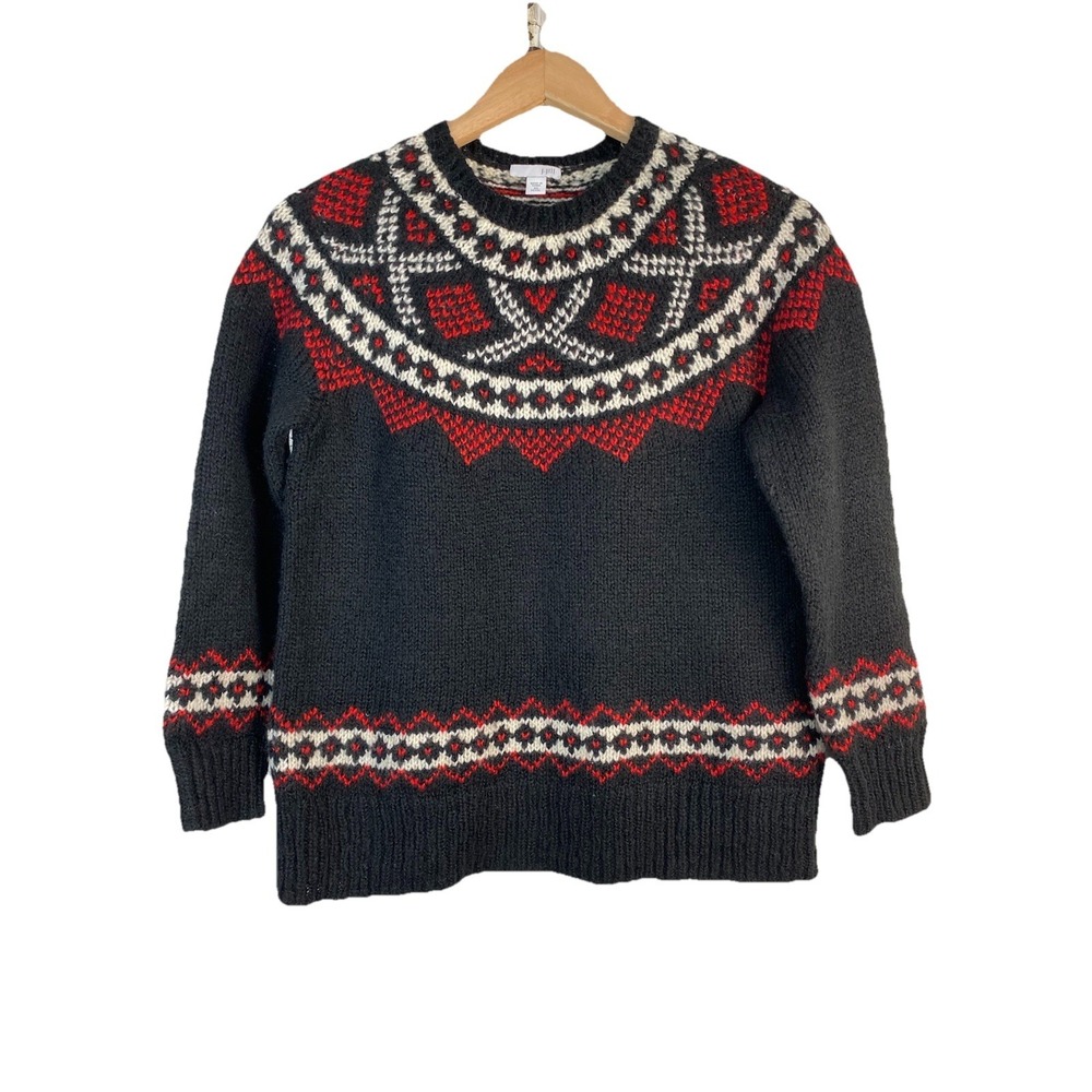 J. Jill Petite PXS Black White Red Nordic Fair Isle Pullover Sweater